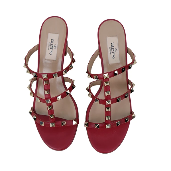 全新未使用 Valentino/华伦天奴 Rockstud 牛皮 一字拖鞋 红色