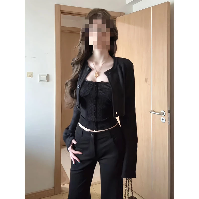 纯欲辣妹风长袖开衫外套秋季修身短款内搭背心上衣显瘦高腰微喇裤