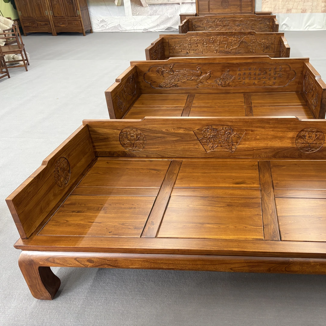 老榆木圆花国色天香罗汉床客厅全榆木实木新中式仿古简约书房