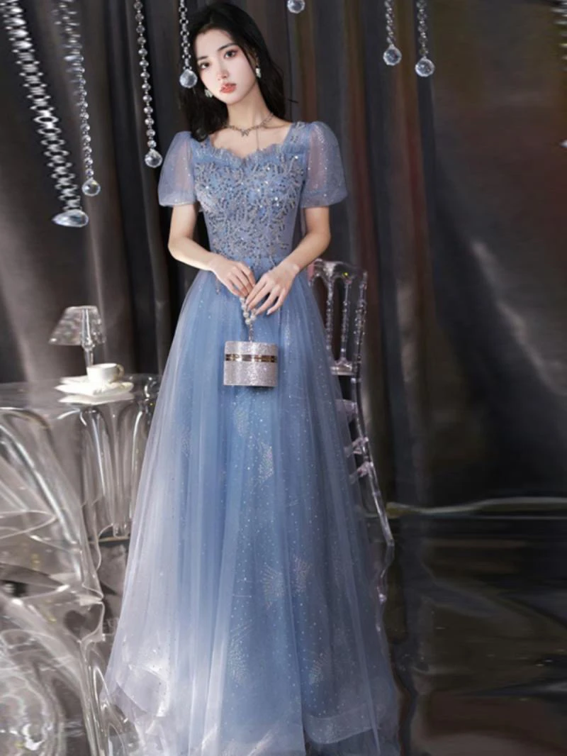 大码蓝色高端宴会主持人礼服裙18岁成人礼钢琴声乐艺考毕业生长裙