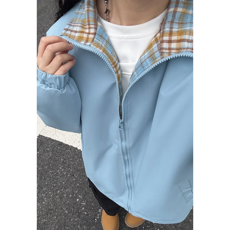 cleanfit格拼接子夹克外套男女春秋复古无帽上衣美式立领情侣外套