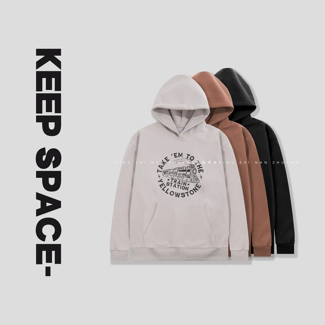 秋冬重磅慵懒休闲风复古做旧印花男士大码连帽卫衣24310#1113