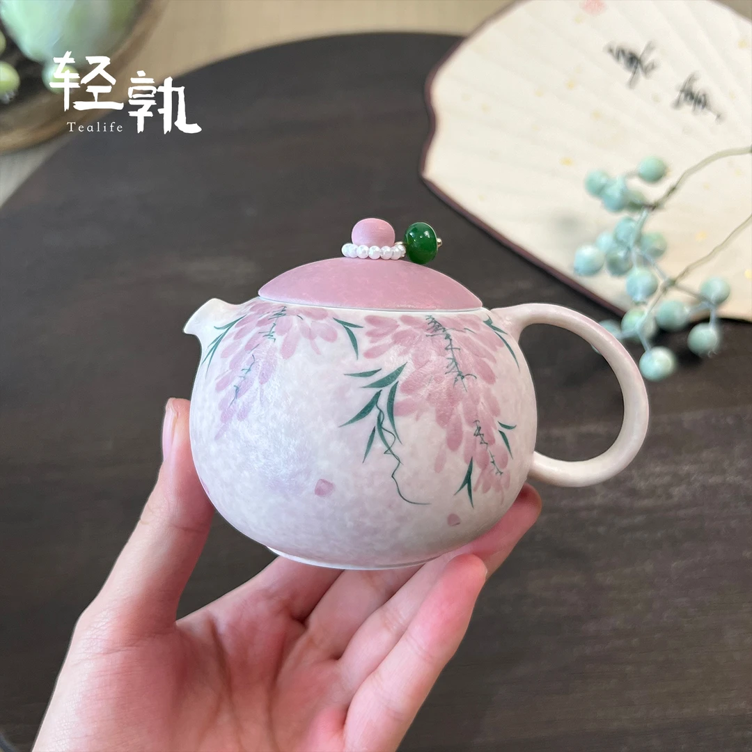 轻孰手绘紫藤花茶壶功夫茶具西施壶陶瓷泡茶壶女家用泡茶器礼盒装