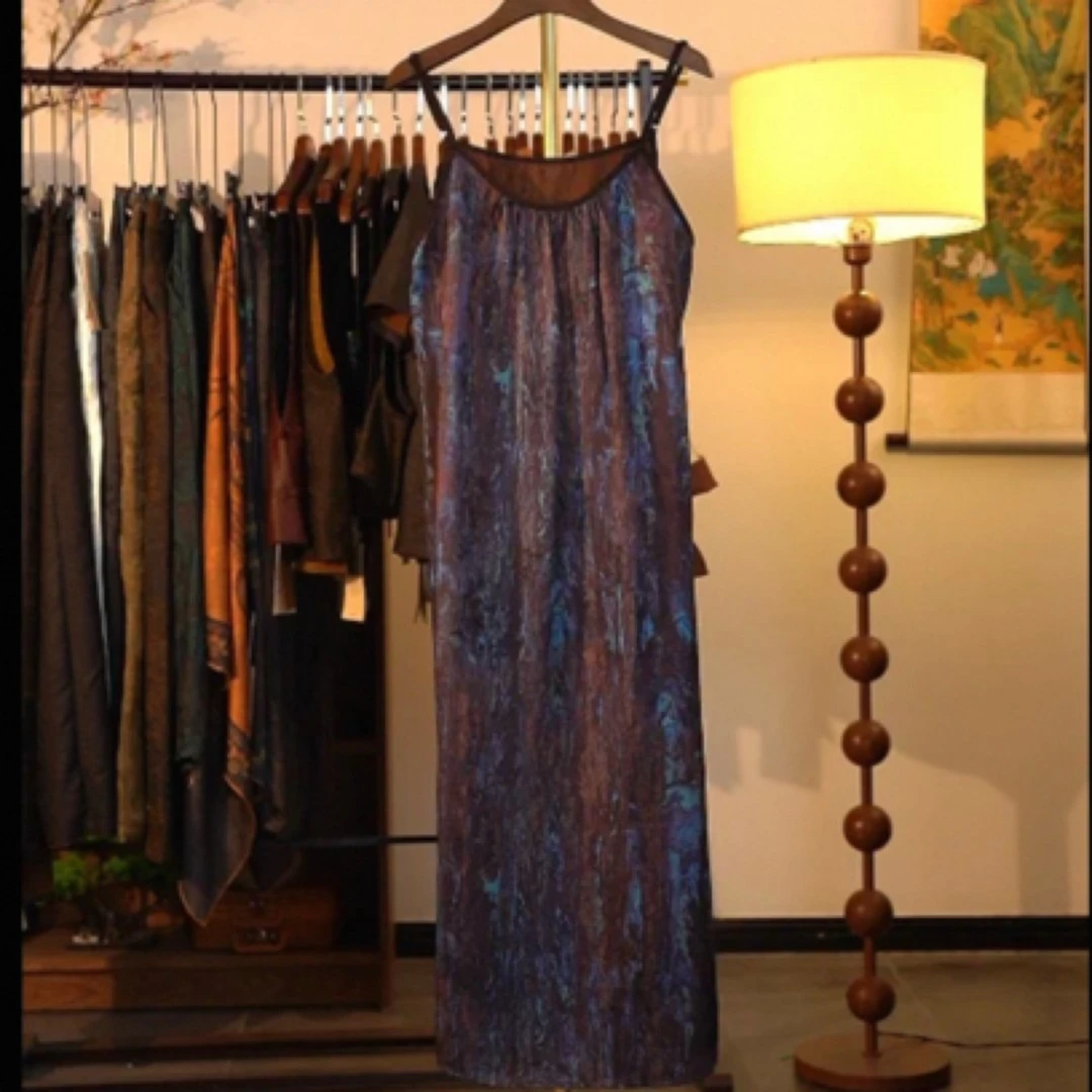 新中式国风香云纱提花桑蚕丝长款吊带裙Ms