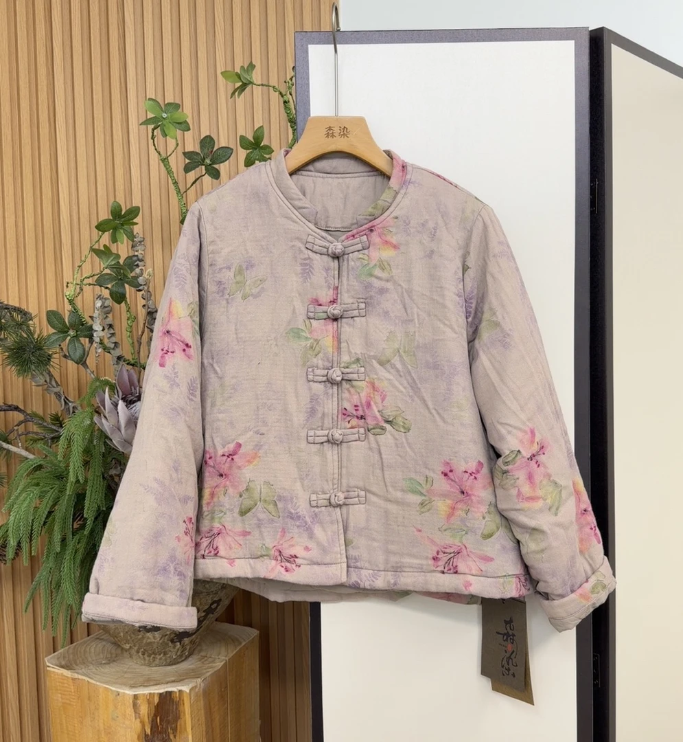 新中式复古立领单排盘扣长袖印花短款加厚前短后长棉服7050