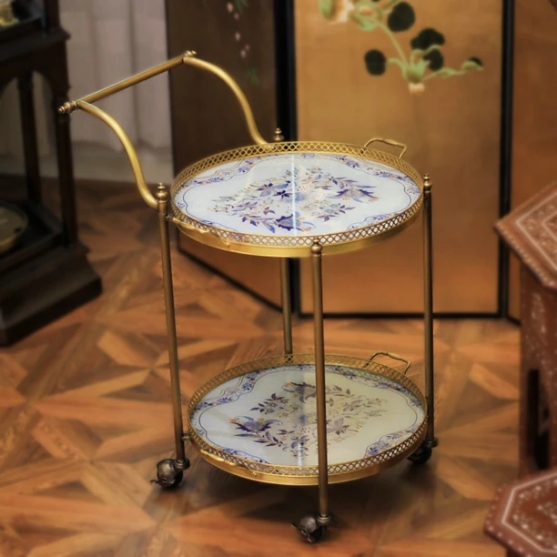 新中式蓝鸢金缕轻奢黄铜丝印钢化玻璃双层托盘可移动餐酒车置物架