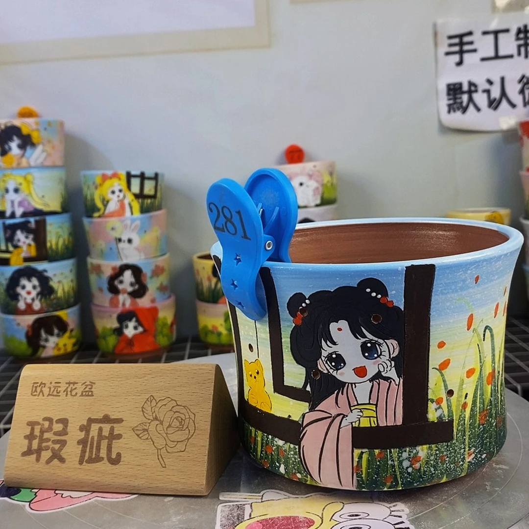 紫砂花盆红陶手绘花盆