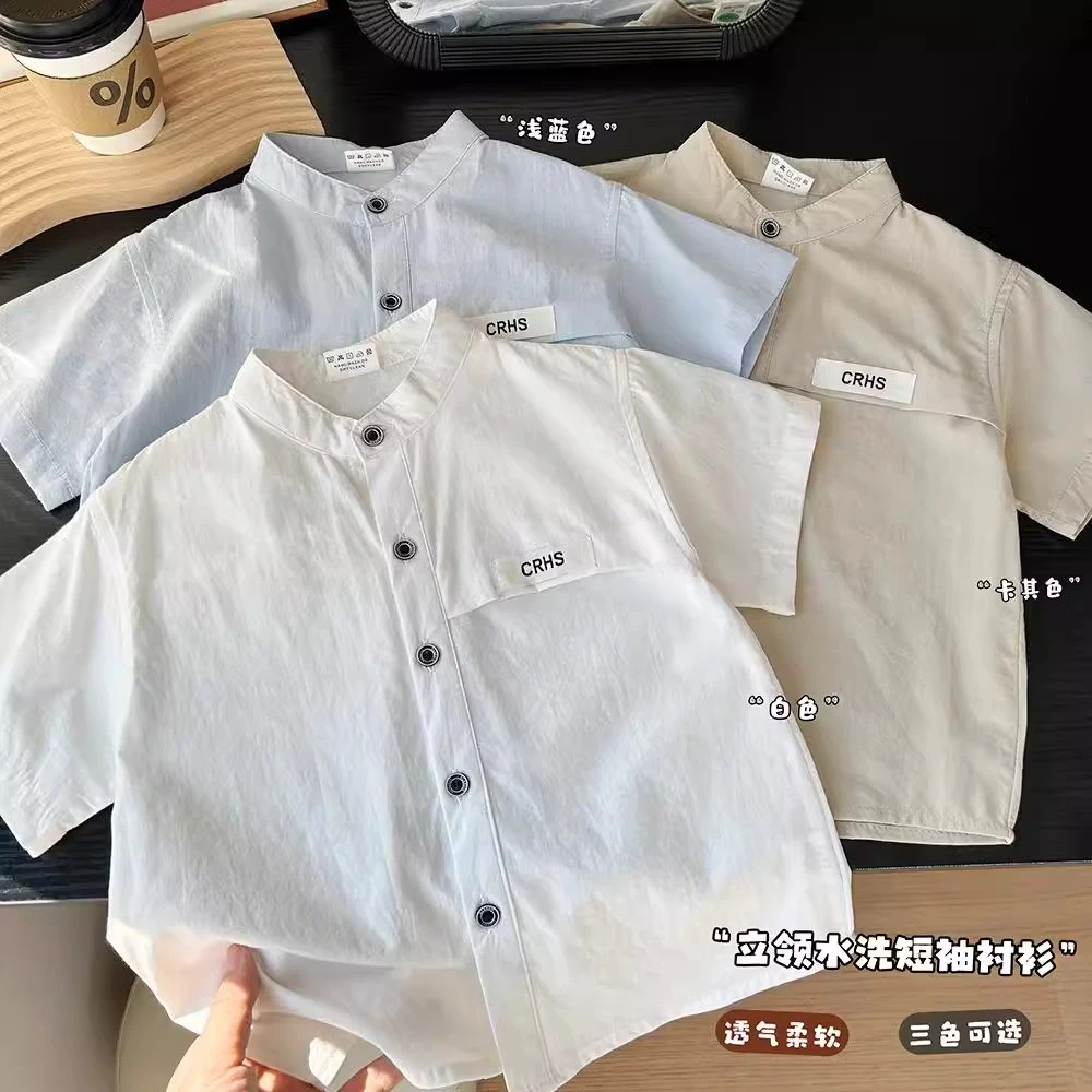 儿童韩版宽松立领短袖衬衫2025夏季新款男孩子纯棉薄款柔软上衣潮