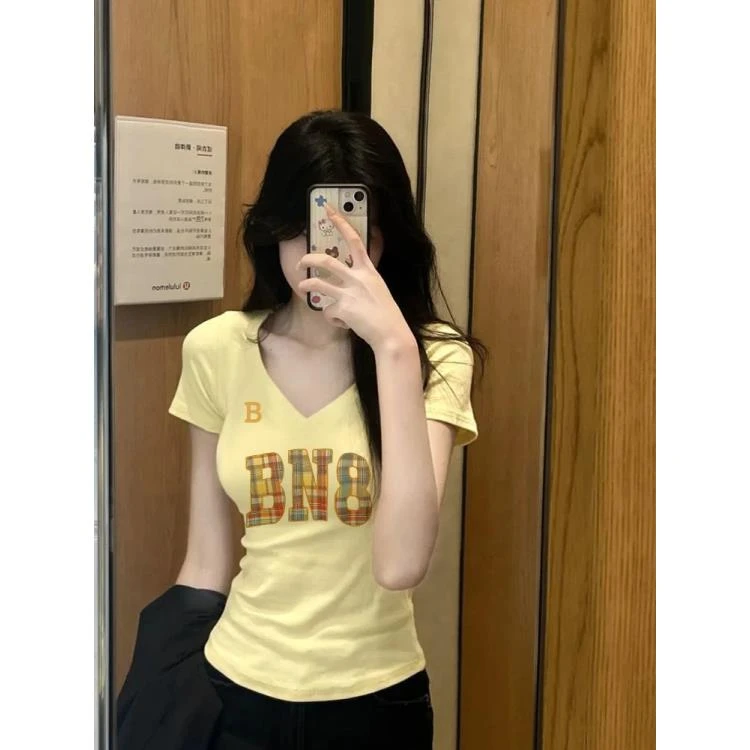 清仓 92棉+8氨纶 2025V领正肩短袖t恤女爆款简约百搭显瘦上衣潮