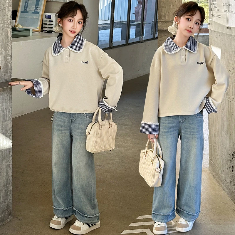 女童Polo衫套装洋气春装2025新款儿童时髦卫衣阔腿裤春秋女大童装