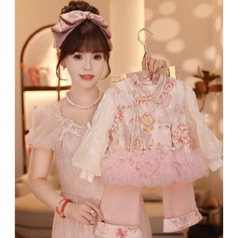 【Y.g0694】2025秋季新款女童复古国风女宝重工气质长裤套装