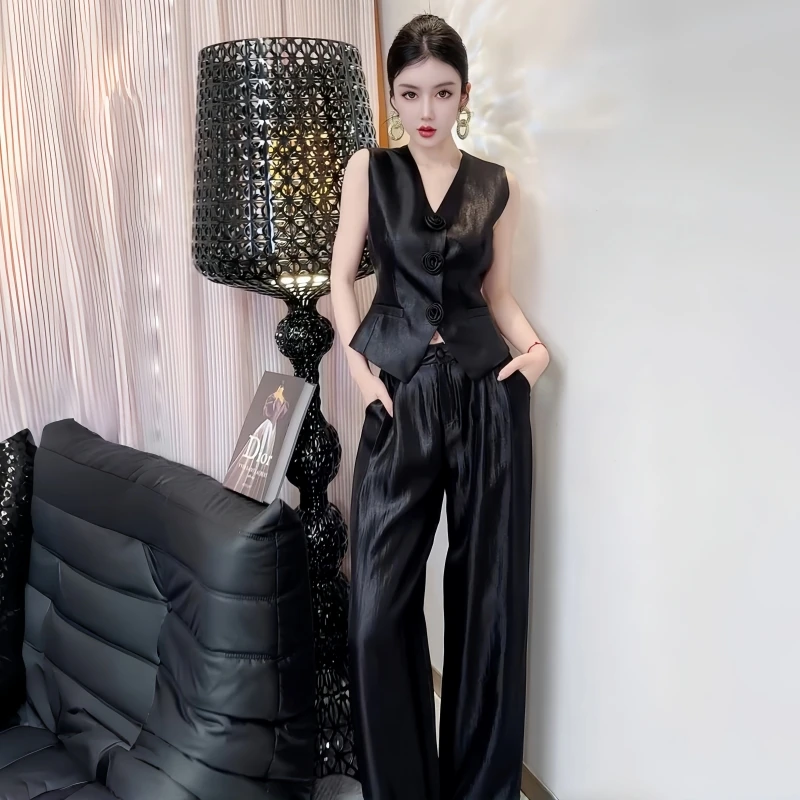 高腰宽松阔腿裤马甲洋气高级立体订花马夹垂感阔腿裤显瘦轻奢套装