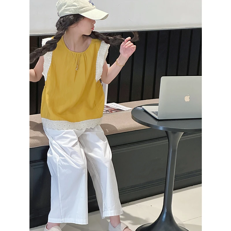 K29101蕾丝小飞袖女童套装2025新款夏装儿童休闲背心裤子两件套潮