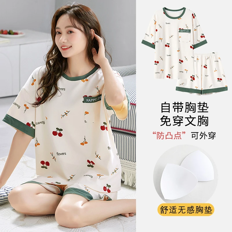 2025年短袖短裤睡衣女夏季薄款带胸垫卡通少女学生圆领夏天家居服
