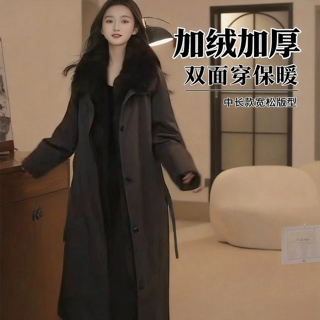 2025秋冬季新款韩版派克服外套女中长款长款加绒加厚保暖皮草宽松
