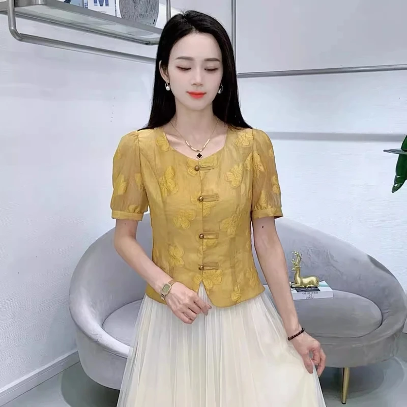 新中式盘扣短袖衬衫女2025年夏季新款修身显瘦百搭小个子提花上衣