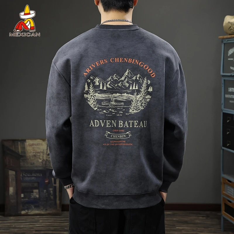 Mexican/稻草人春秋重磅水洗印花卫衣男宽松圆领上衣美式长袖t恤