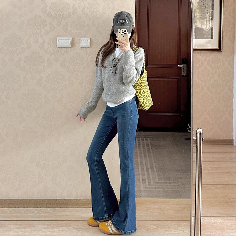 裤长110cm高腰微喇牛仔裤女显瘦秋冬新款超弹拖地深蓝微喇喇叭裤