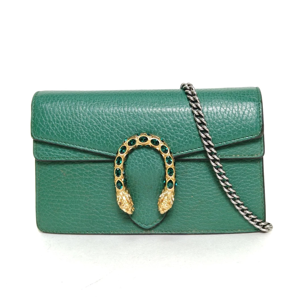 95新 GUCCI/古驰 【攀攀】 酒神 超Mini 16.5 翡翠绿 皮革C 钻扣
