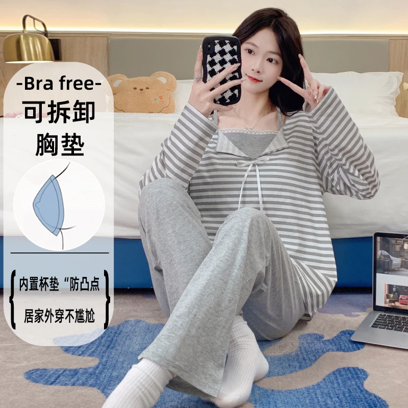 带胸垫纯棉睡衣女士春秋款长袖条纹加肥加大码宽松外穿家居服套装
