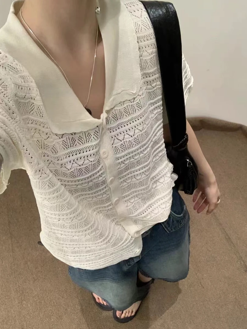 镂空娃娃领套头针织上衣（505）