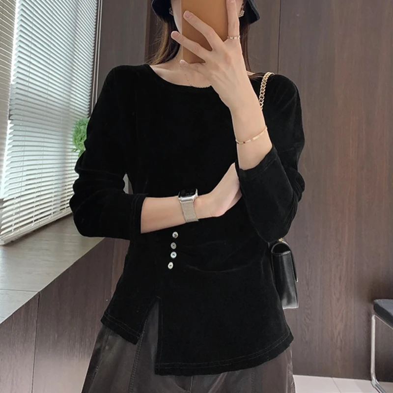 2025秋季新款不规则设计感丝绒长袖T恤女侧边开衩纽扣打底衫上衣