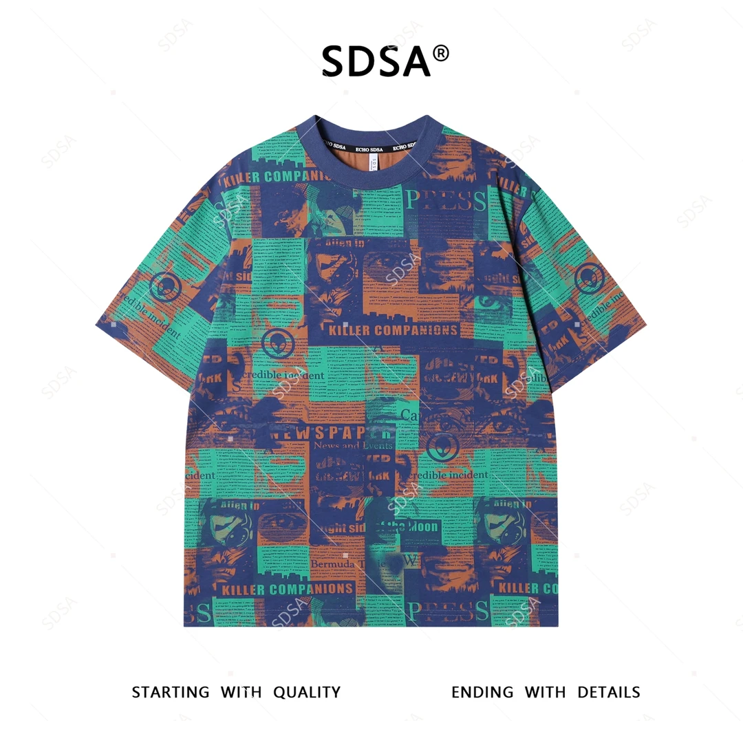 SDSA男士短袖t恤2025新款轻奢痞帅男装撞色满印字母圆领百搭上衣