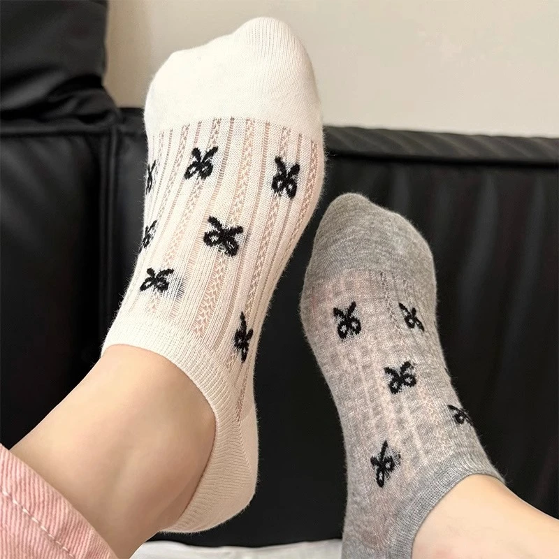 夏季薄款女船袜防滑不掉跟2025新款夏天纯棉蝴蝶结日系浅口隐形