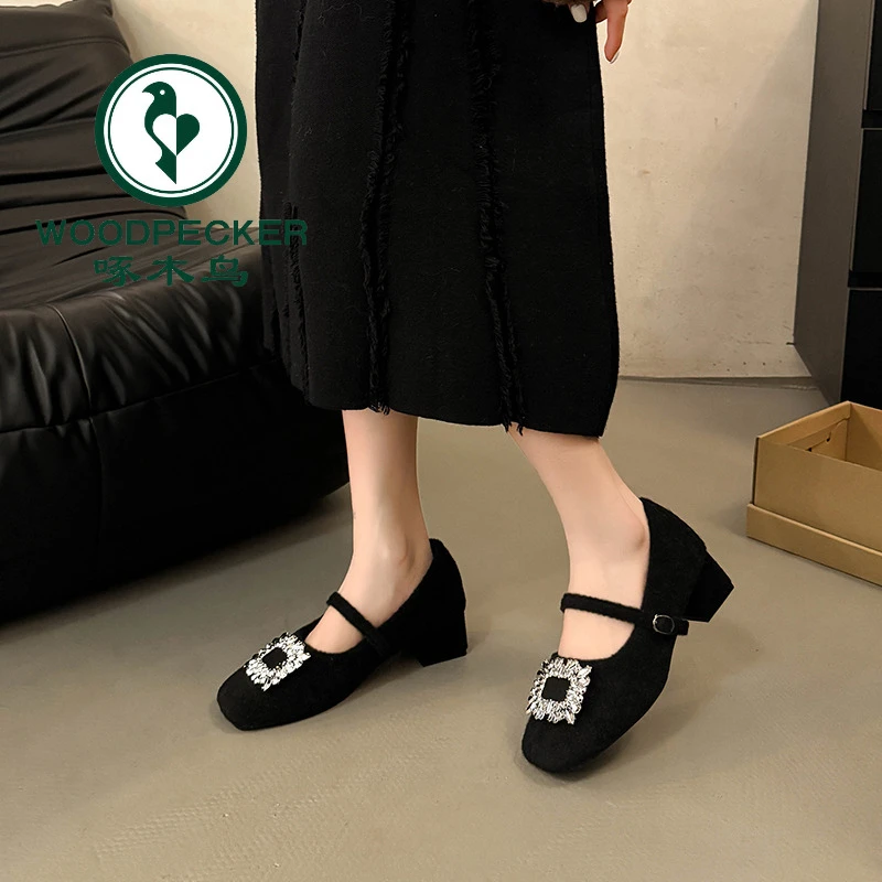 啄木鸟粗跟气质玛丽珍鞋法式晚晚方头水钻呢子毛毛鞋秋冬外穿单鞋