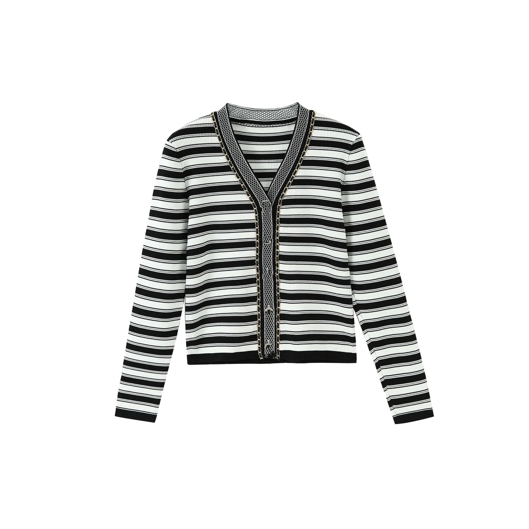 【琪琪板娘】夏季小香风纯色百搭针织条纹长袖T恤-124-5156