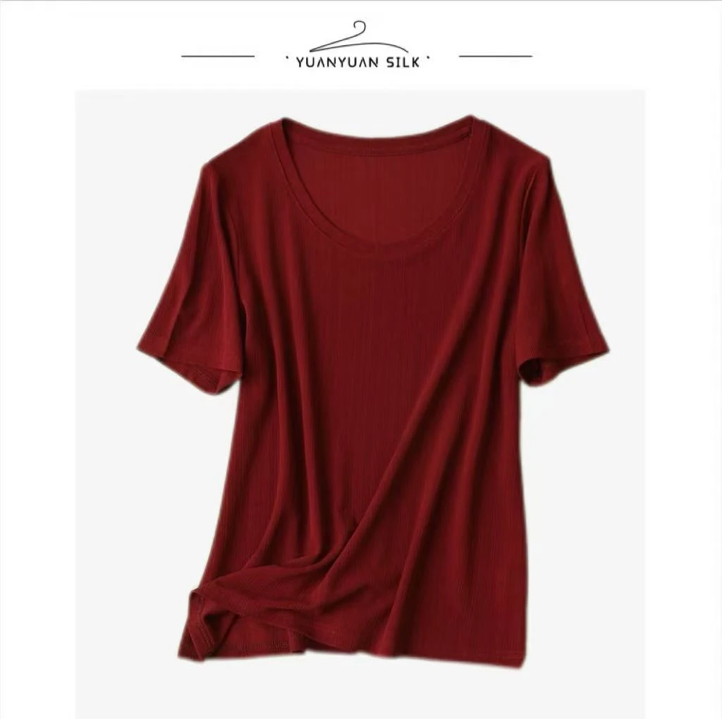 Q 100%桑蚕丝/加捻异形螺纹/2025春夏上新时尚短袖圆领针织衫sy14