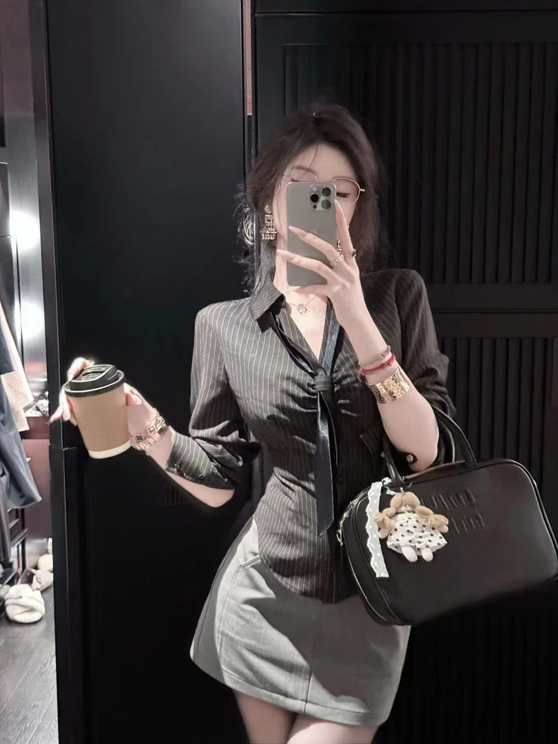 【雅乔定制】显瘦密码 收腰修身条纹衬衫半身裙两件套DYYY-24075467