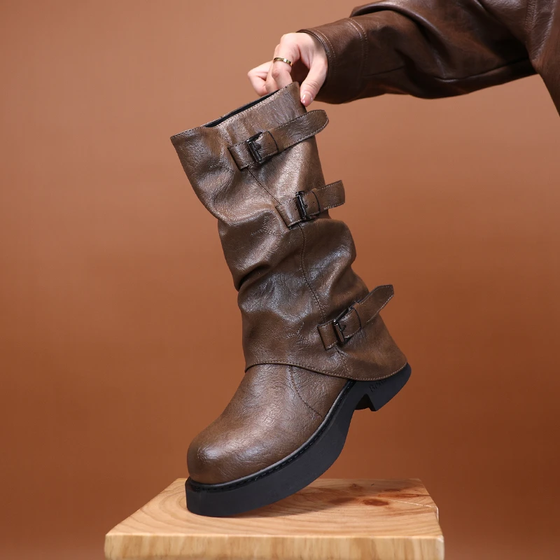 靴子美拉德长筒靴棕色长靴新疆草原西部牛仔靴厚底2025新款骑士靴