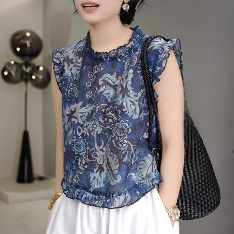 圆领木耳边印花设计感无袖衬衫女2025年夏季新款后背纽扣显瘦上衣