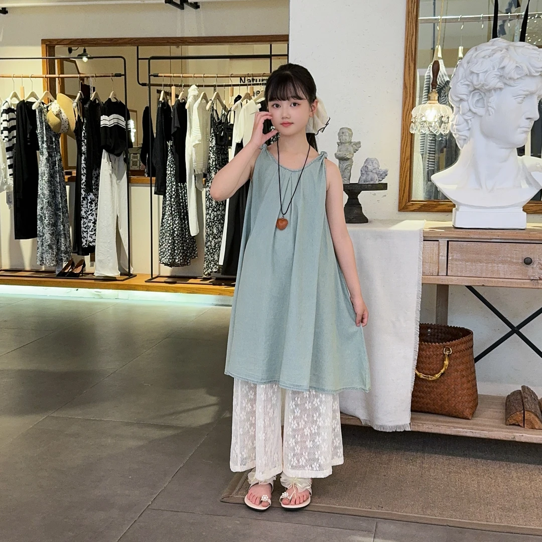 2025夏季新款女大童洋气时尚牛仔裙蕾丝花边阔腿裤女童中大童套装