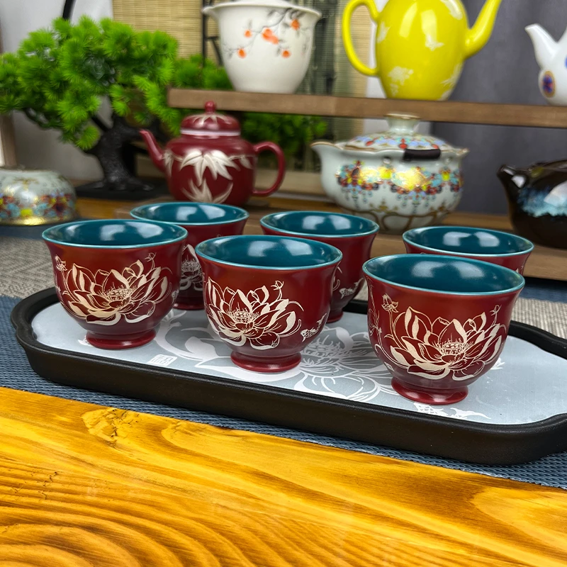宫墙红品茗杯套组高档家用茶杯钟式杯新款中式掐银丝喝茶杯六个装