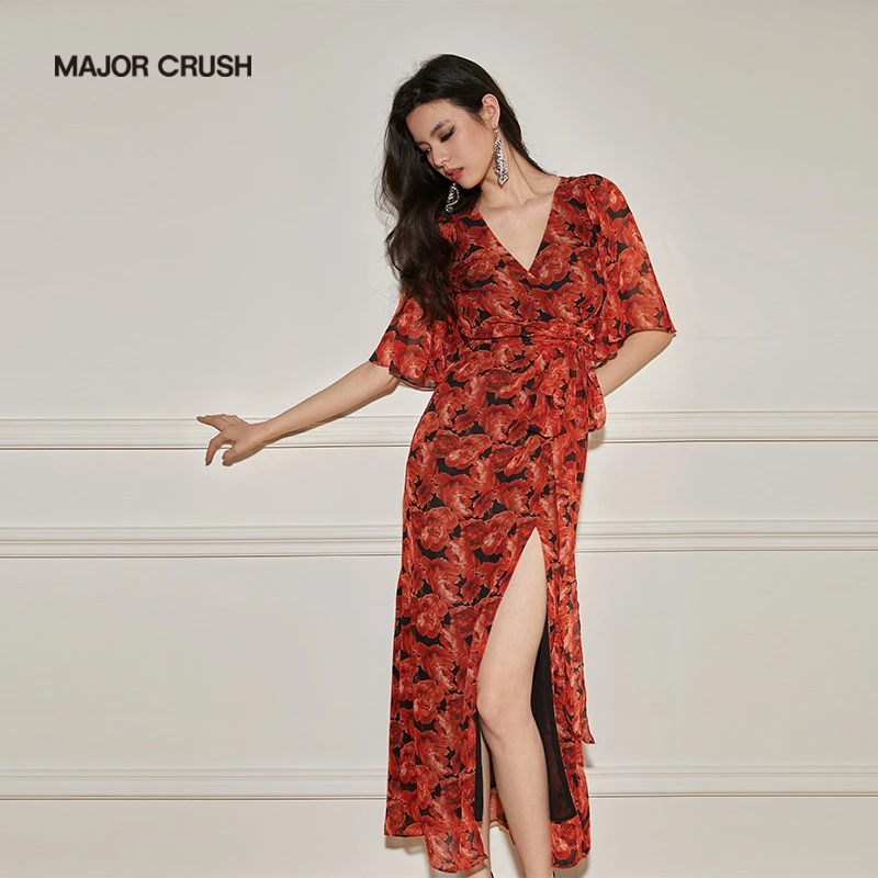 MAJOR CRUSH新款法式落日玫瑰显瘦收腰印花女装连衣裙性感5232