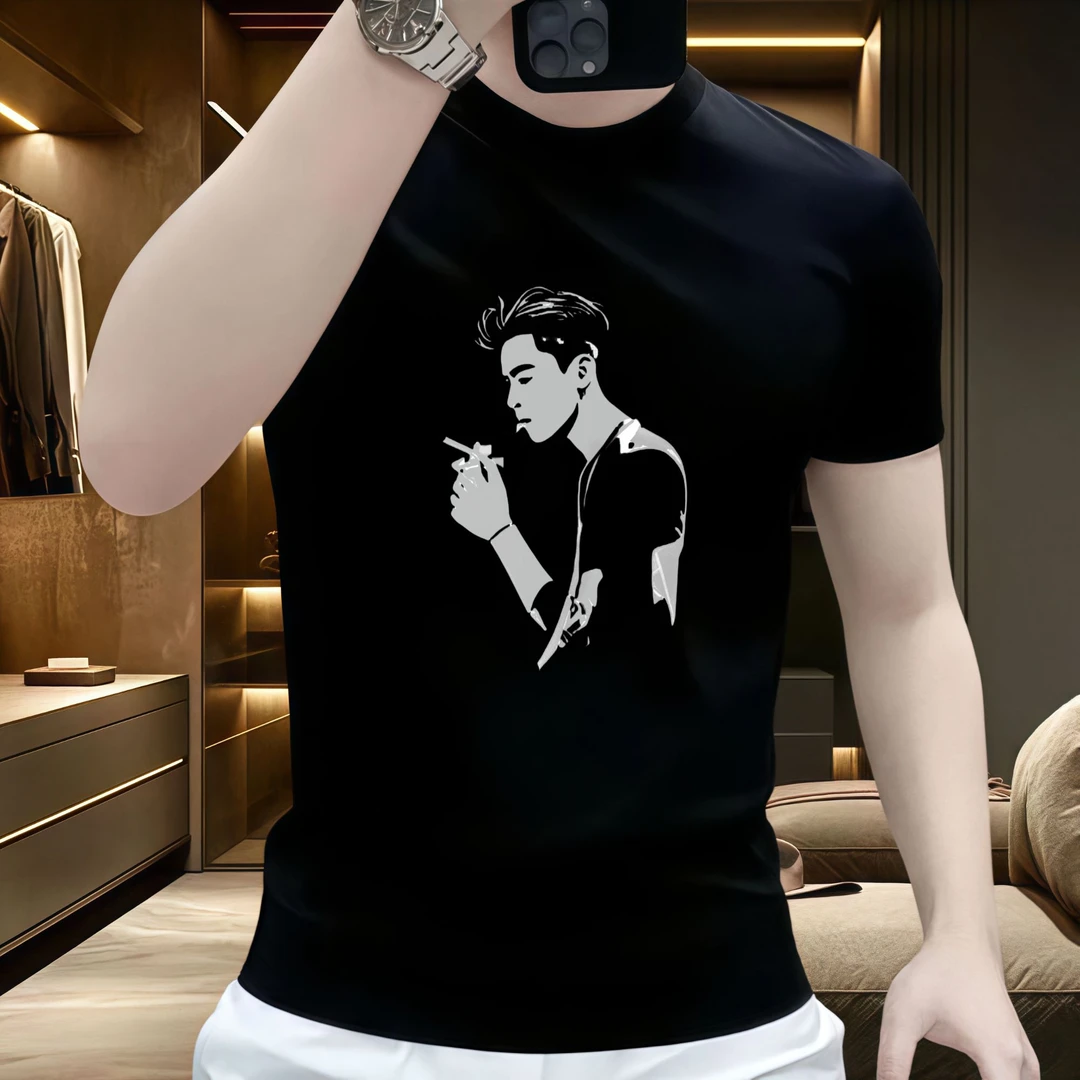 2025新款夏季纯棉短袖t恤男潮牌男士潮流圆领上衣轻奢ins印花T恤