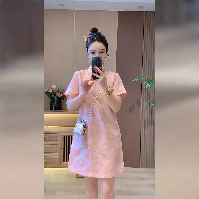 新中式国风粉色改良旗袍女2025新款年轻款气质高端a字连衣裙夏季