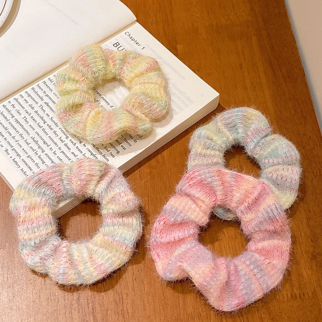 新款甜美软糯头绳毛线针织彩虹大肠发圈可爱少女百搭发绳发饰