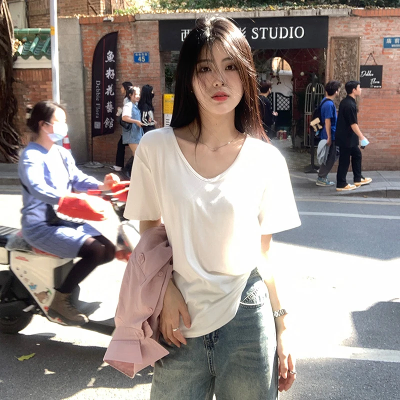 纯色U领正肩宽松百搭显瘦短袖女2025新款爆款夏装减龄休闲T恤上衣