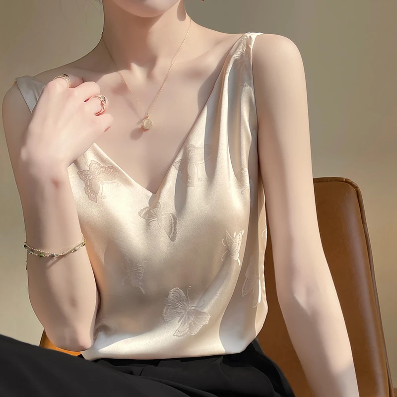 蝴蝶提花~高级感无袖醋酸缎面V领暗花百搭内搭设计吊带背心女A03