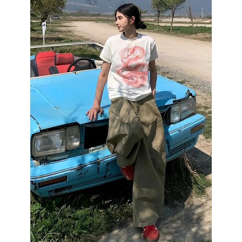 白色蛇纹印花短袖T恤男夏季美式复古潮牌小众设计感半袖正肩体恤