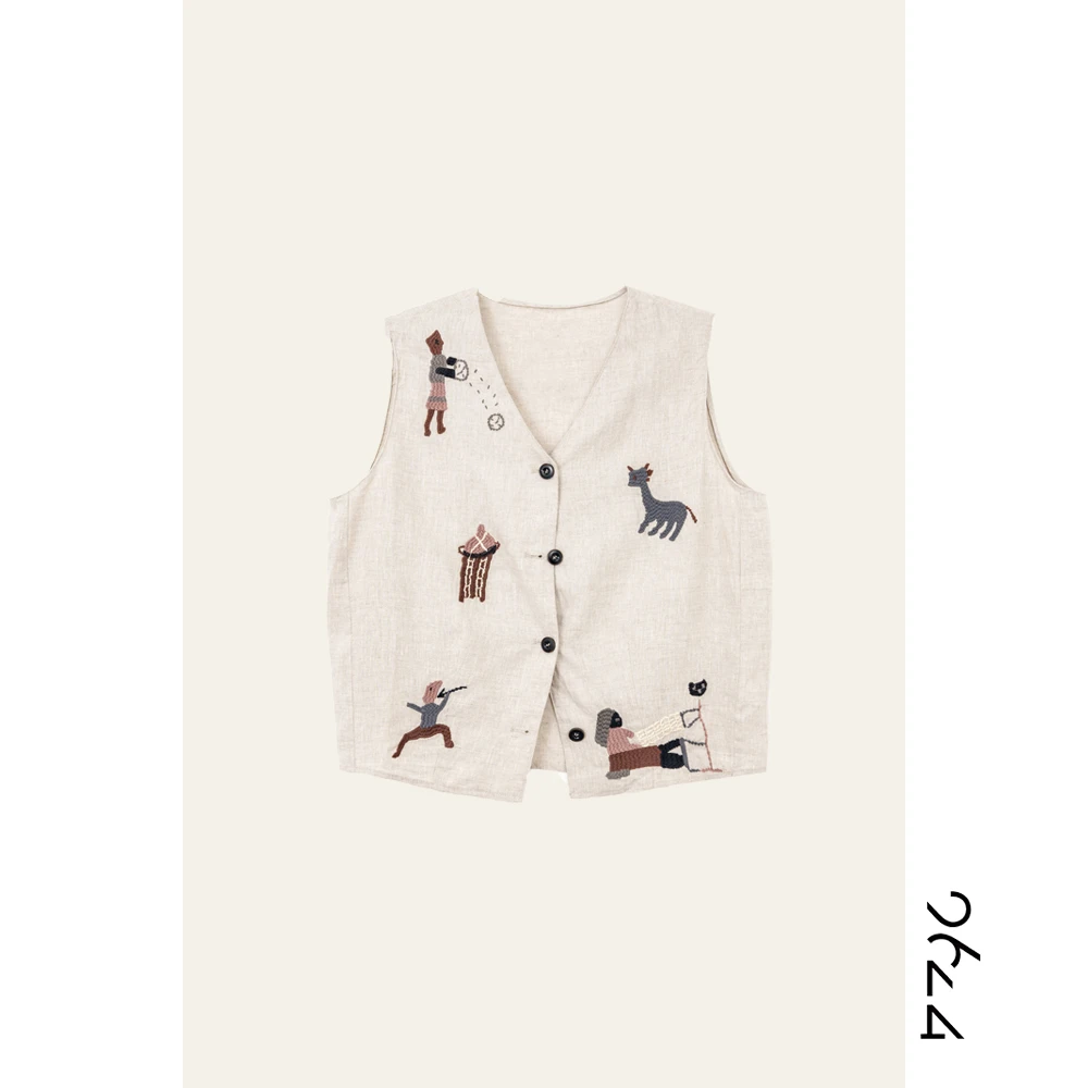 【隐居】100亚麻重工刺绣！俏皮减龄女装背心马甲s110