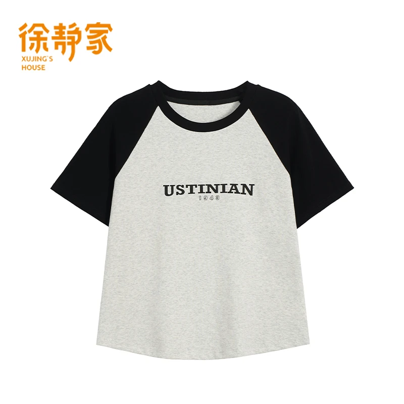洋气衣服微胖穿搭撞色插肩袖T恤女夏新款个性印花短袖6780030