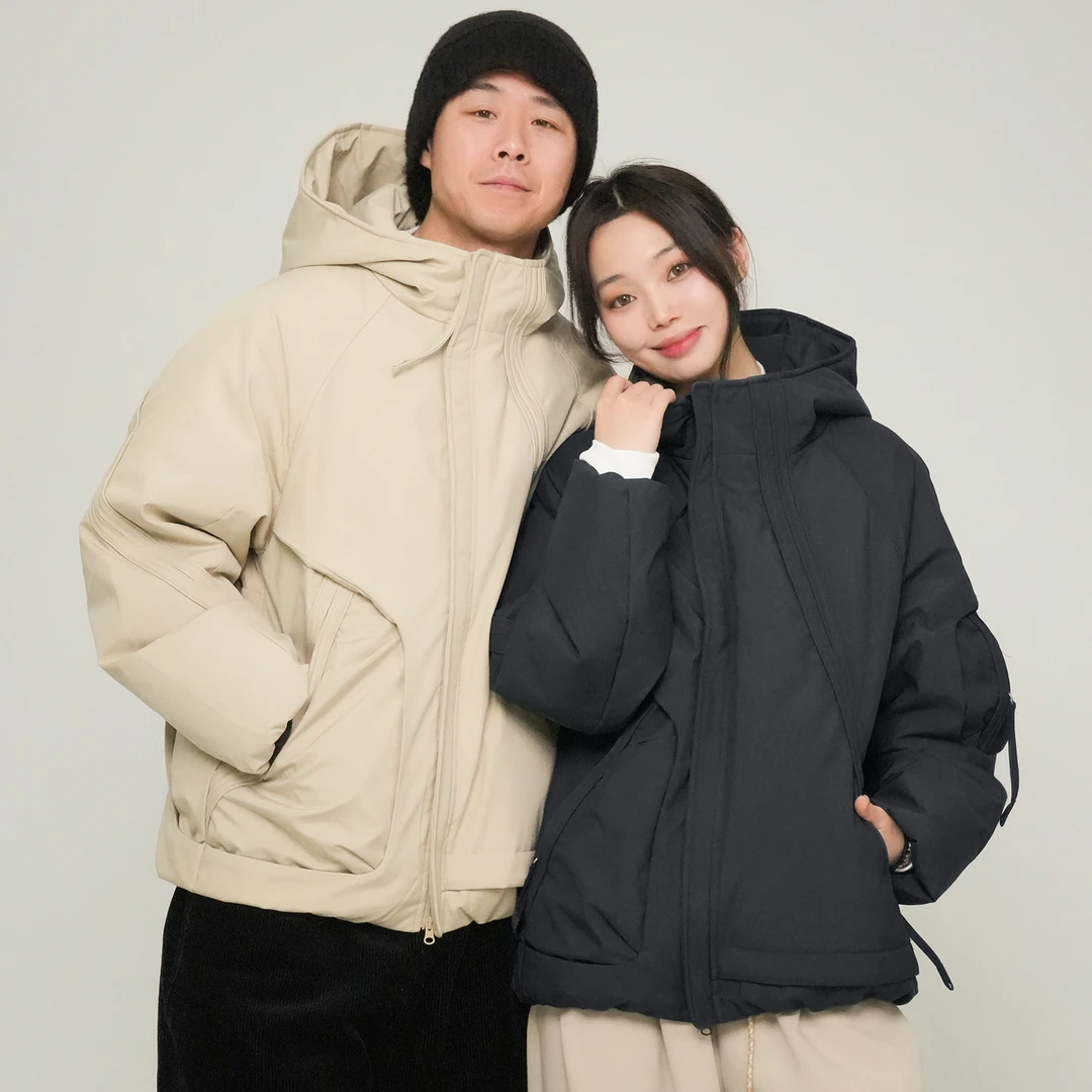 青式【不对称解构肌理羽绒服】秋冬宽松复古保暖上衣外套男女同款潮