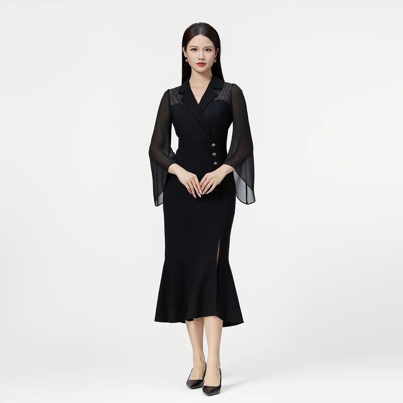 SUSSI古色丨“小黑裙系列”中式波粼水袖连身经典X型连衣裙场合