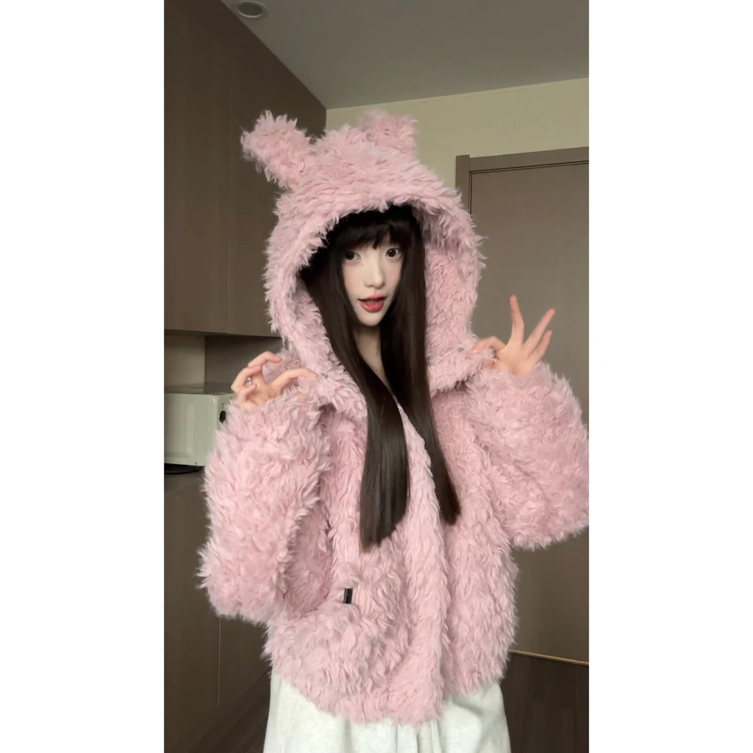 【直播间清仓款no退no换】羔羔毛连帽兔耳朵开衫棉衣棉服慵懒甜妹风