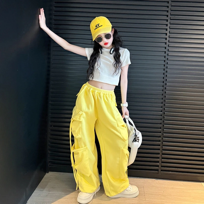 女童夏季套装长裤2025新款女大童多巴胺工装裤儿童短袖夏装两件套