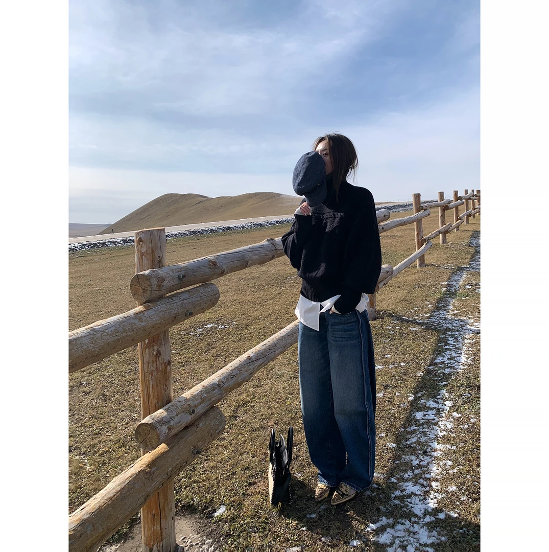 Gakee【舒适区】秋季复古阔腿设计感显瘦深蓝色牛仔裤H38594GK54.